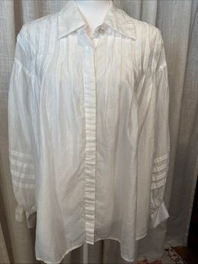 Aureta Ivory Blouse Size L Silky Tencel Stripe Button Front Puff Sleeve